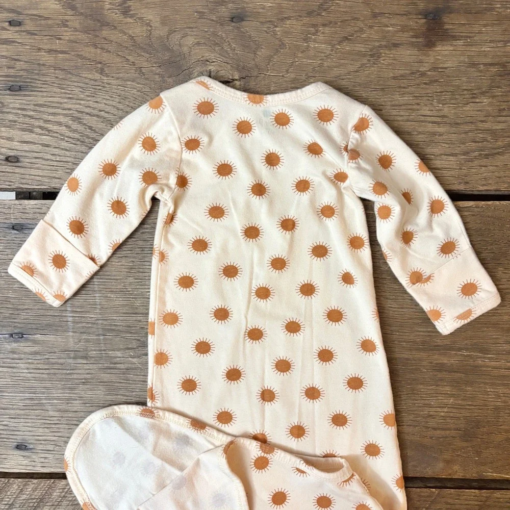 Sun Pattern Newborn Knotted Baby Gown Fold Over Hand Cuffs 100% Cotton Size 0-6m